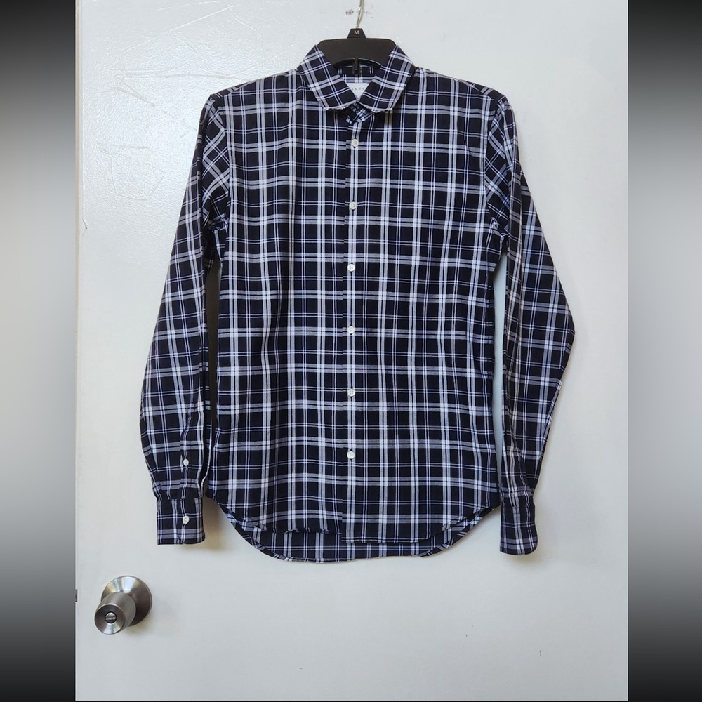 Sandro Paris men's navy/black plaid print 100% cotton shirt size XS